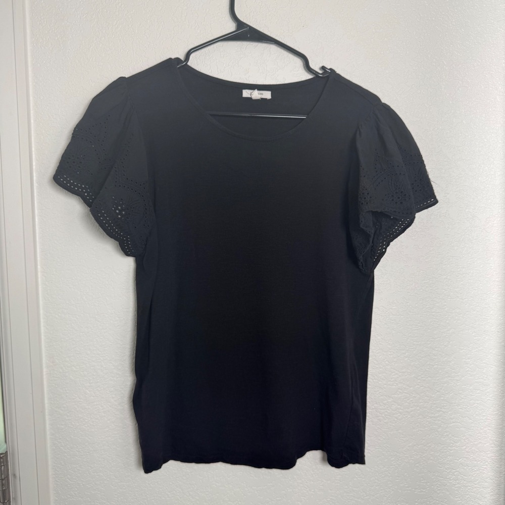 Maurices Eyelet Flutter Sleeve Top Womens Medium Black Cotton Modal Tee